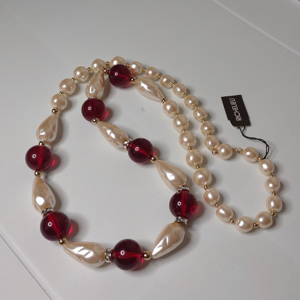Richelieu Red Plastic Bead And Faux Pearl Necklace 31 Inches Long
